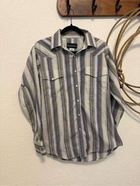 Vintage Ruddock Bros Grey & Blue Striped Pearl Snap Western Shirt